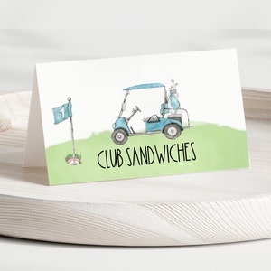 Agujero editable en tarjetas de tienda de campaña de un cumpleaños, 1er cumpleaños de golf, etiquetas de alimentos, fiesta de cumpleaños, tarjeta de lugar, camiseta de primer cumpleaños de golf