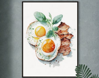 Bacon and Eggs Watercolor, Instant Download Printable Wall Art, Modern Home Decor, Digital Download Print, Food Print,