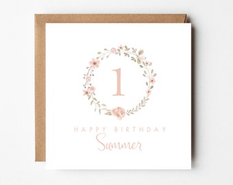 Cartão de aniversário personalizado | 1o 2o ó cartão de aniversário | primeiro cartão de aniversário | primeiro cartão de aniversário das meninas | Cartão de aniversário rosa floral