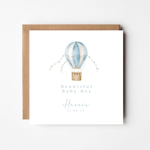 Tarjeta de bebé nueva personalizada / Hola mundo / Tarjeta de bebé niño / Tarjeta de bebé niño nuevo / Tarjeta de globo de aire caliente
