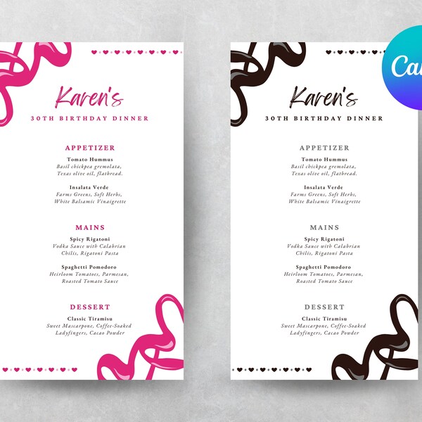 Editable Pink Menu Template | Printable Valentine's Day Menu, Birthday Party Menu, Minimalist Menu, Restaurant Event Menu, Bachelorette Menu
