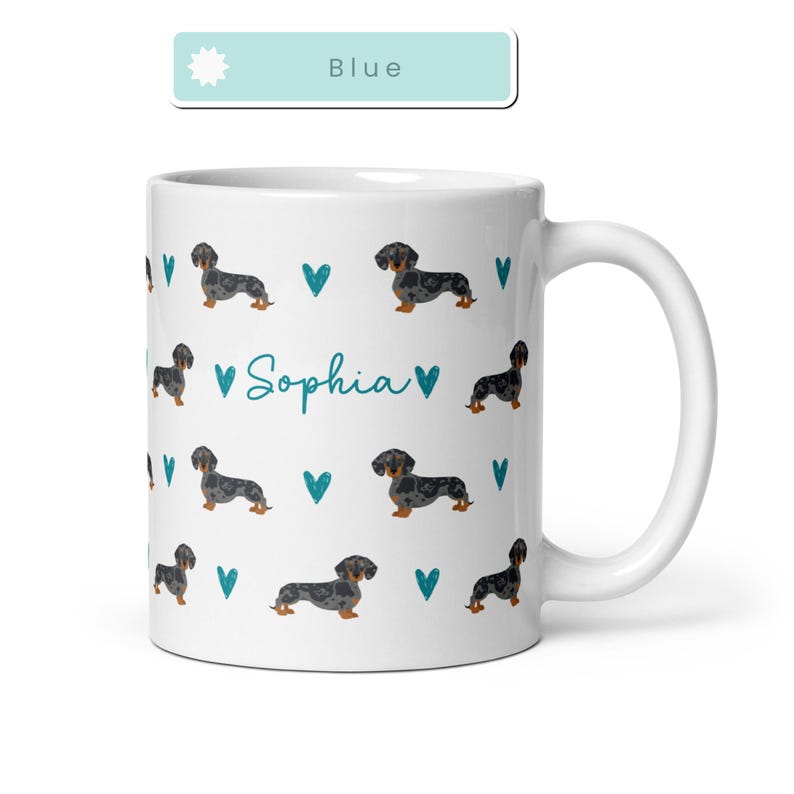 Tazza personalizzata con bassotto, tazza con bassotto maculato, tazza con bassotto bassotto, regali con bassotto, regalo personalizzato per cani, tazza con bassotto bassotto, regalo per cucciolo Blue