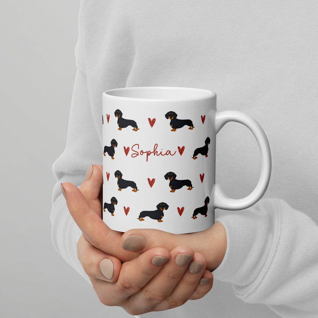 Personalised Dachshund Mug, Smooth Hair Sausage Dog Mug, Black & Tan