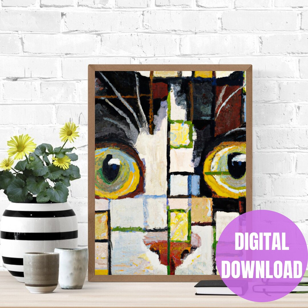 Abstract Geometric Cat Wall Art Prints Yellow Eyes Plump Etsy
