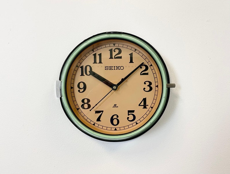 Japanese 1970s Seiko Retro Vintage Industrial Antique Steel Quartz Wall Clock For Sale