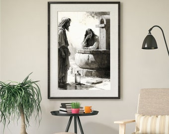 Jesus Woman at the Well | DIGITAL PRINT | Wall art | AI Sketch | Jesus art | Bible art | Christian decor | Size combination package