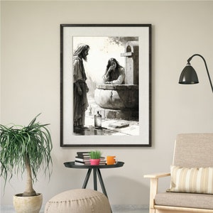 Jezus Vrouw bij de Bron | DIGITALE PRINT | Kunst aan de muur | AI-schets | Jezus kunst | Bijbelse kunst | Christelijke inrichting | Maat combinatie pakket