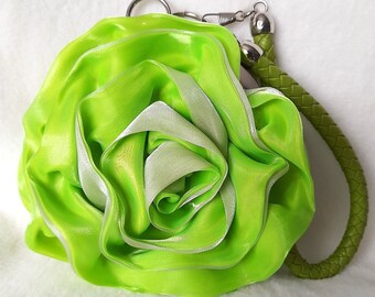 Bright Green Organza Evening Clutch Bag In A Shape Of Flower