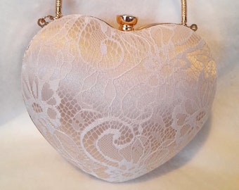 Ivory And White Clutch,Lace Evening Handbag,Wedding Purse,Heart Shape Bag