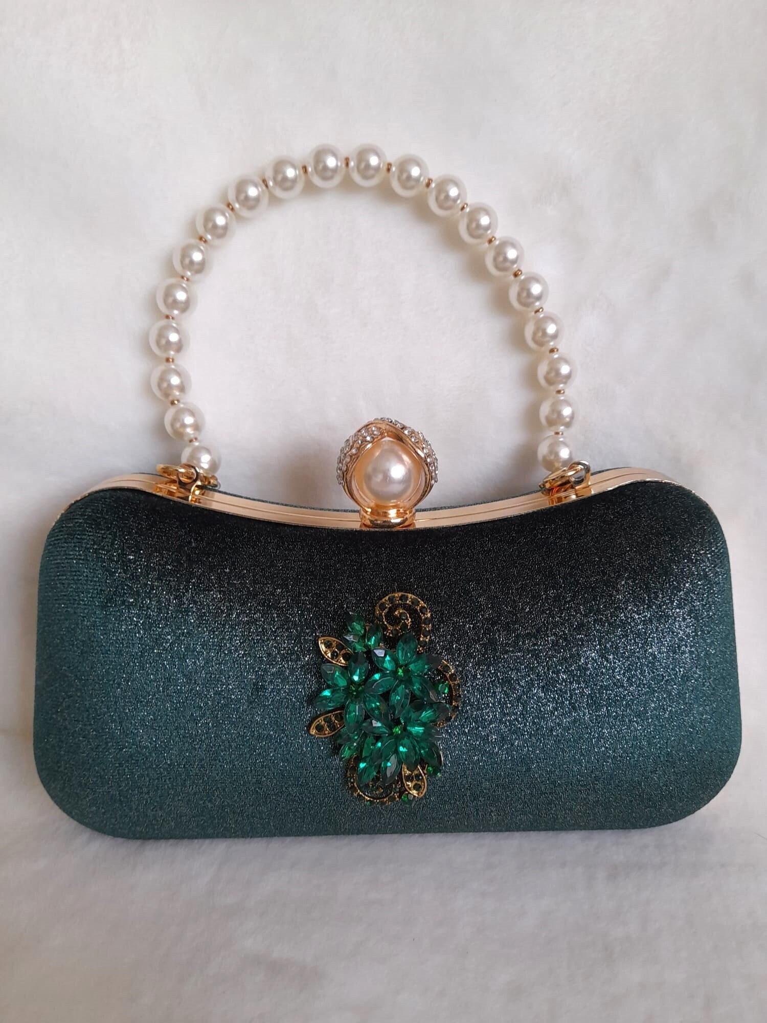 Velvet Emerald Green Clutch Purse, Bag Embroidered with Faux Diamonds, Shoulder Strap and Handle for Wedding, Evening Party and Ethnic Wear.