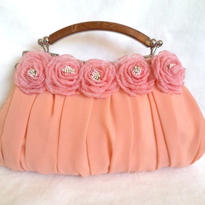 Peach Pink Chiffon Evening Clutch,Wedding Purse With Flowers,Party Handbag