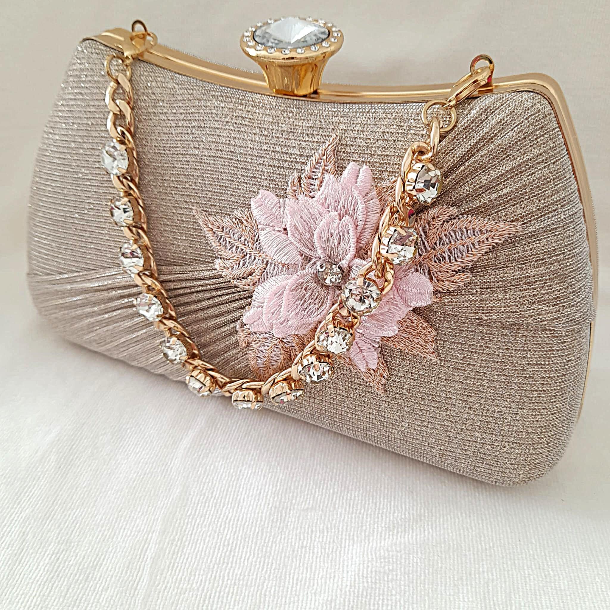 Antique Gold Bling Evening Clutch Bag With Flower: Wedding Handbag, Formal Purse