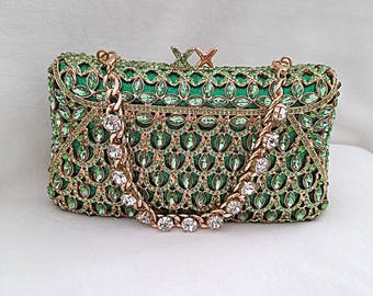 Emerald Green Crystal Evening Clutch,Gold Metal Party Handbag,Formal Event Purse