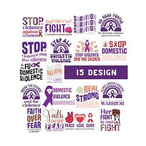 Könnte beinhalten: Lila und weiße Grafikdesigns mit Text zum Thema häusliche Gewalt. Der Text enthält Sätze wie "Stop Violence", "Domestic Violence Warrior", "Real Strong Women" und "Peace Love Cure".