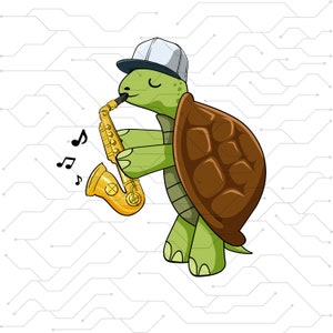 May include: A cartoon turtle wearing a white baseball cap plays a gold saxophone. Musical notes float around the turtle.