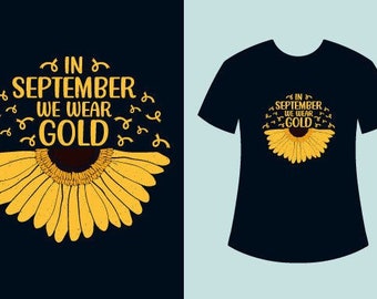 Puede incluir: Una camiseta negra con un gráfico de girasol y el texto "En septiembre, usamos oro".