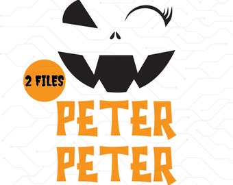 May include: A black and white pumpkin face with a winking eye and a wide smile. The text "PETER PETER" is written in orange below the pumpkin face. A small orange circle with the text "2 FILES" is in the upper left corner of the image.
