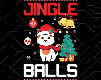 May include: A white cat wearing a red Santa hat and scarf, standing next to a decorated Christmas tree. The text "Jingle Balls" is written in pixelated letters above the cat and tree. The background is black with a pattern of white lines.