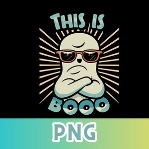 May include: A white ghost wearing sunglasses with the text "This is Boo" in a retro style.