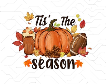 es la temporada PNG fútbol latte hojas Hola Calabaza Otoño Y All Vibes café Amor Acción de gracias Familia Sublimación diseño dibujado a mano Camiseta