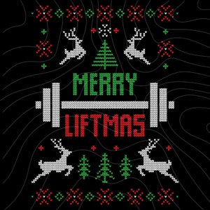 Könnte beinhalten: Schwarzes Grafikdesign mit einer Langhantel und den Worten "MERRY LIFTMAS" in Grün und Rot. Das Design umfasst weiße Rentiere, grüne Weihnachtsbäume und rot-weiße Dekorationselemente.