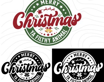 May include: A green, white, and red Christmas sticker with the text "Merry Christmas Ya Filthy Animal". The sticker features a Santa Claus in a sleigh with reindeer, a wreath with bells, and stars.