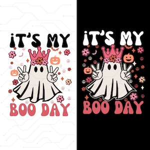 It's My Boo Day png svg、女性、女の子、子供、お父さん、お母さん、娘、息子のためのピンクのリボン、コウモリ、クモの巣が付いたかわいいハロウィーンの誕生日のゴースト
