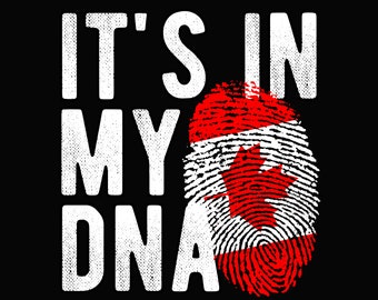 Pode incluir: Texto branco em fundo preto que diz "It's in my DNA". Uma impressão digital vermelha e branca com uma folha de bordo vermelha está centrada no texto.