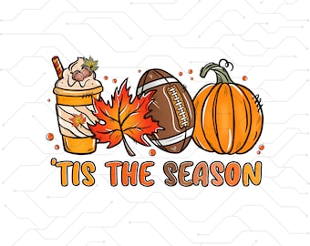 Es la temporada PNG fútbol latte deja Hola Calabaza Otoño Y All Vibes café Amor Acción de Gracias Familia Sublimación diseño dibujado a mano Camiseta