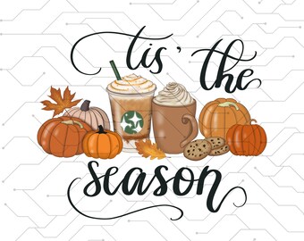 es la temporada PNG fútbol latte hojas Hola Calabaza Otoño Y All Vibes café Amor Acción de gracias Familia Sublimación diseño dibujado a mano Camiseta