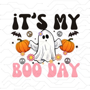 それは私のブーの日です svg png 、ピンクのリボン、コウモリ、クモの巣が付いたかわいいハロウィーンの誕生日のゴースト、女性、女の子、子供、お父さん、お母さん、娘、息子、