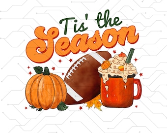 es la temporada PNG fútbol latte hojas Hola Calabaza Otoño Y All Vibes café Amor Acción de gracias Familia Sublimación diseño dibujado a mano Camiseta