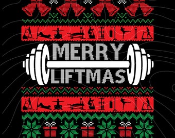 May include: A black and white Christmas sweater with a red and green pattern. The sweater features a barbell with the text "Merry Liftmas".
