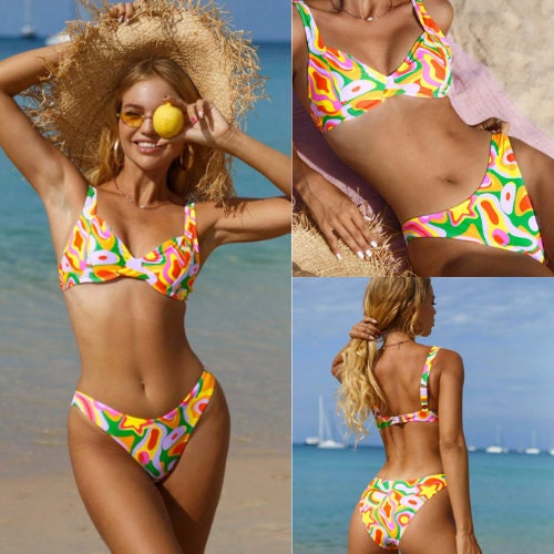 Bright Orange Cheetah Bikini Set Ruched Bikini Two Piece -  Singapore