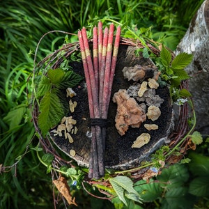 BELTANE WITCHES SABBATH Ritual Candles refined with Benzoin, Styrax & Amber Incense Powder Walpurgis Night 100% Red Beeswax image 1