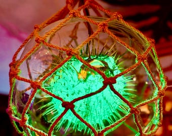 Tiki Lamp Puffer fish in float glass light pendant ceiling decor bar lounge room handmade net jute rope New  10" size