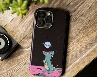 Mignon dinosaure de l'espace drôle mangeant une planète coque rigide résistante aux chocs pour iphone / samsung galaxy / google pixel