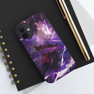May include: A purple and white phone case with an anime character design. The character has long purple hair and is wearing a white shirt and a purple skirt. The background is a blur of purple and white.
