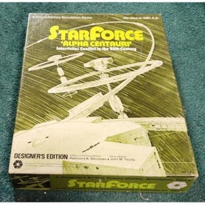 May include: A vintage board game box cover featuring a futuristic space scene with a spaceship and space station. The game is called "Starforce 'Alpha Centauri' Interstellar Conflict in the 25th Century".