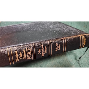 Könnte beinhalten: Eine schwarz gebundene Bibel mit goldfarbener Beschriftung auf dem Buchrücken. Der Text auf dem Rücken lautet Thompson Chain-Reference BIBLE, New International Version und Red-Letter Edition, mit B.B. KIRKBRIDE BIBLE CO. unten.
