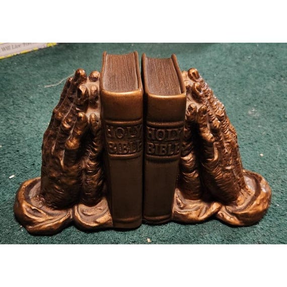 アンティーク　Book オブジェ 1962 Universal Statuary Bookends Praying Hands Holy Bible Bronze