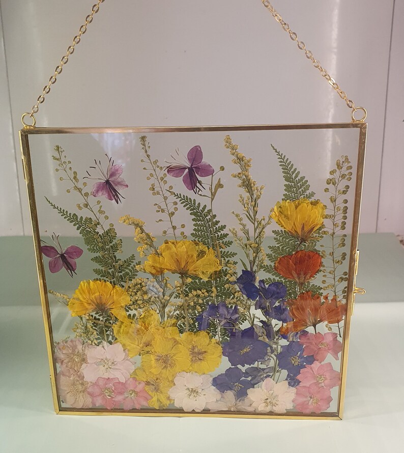 Wall Art Dried Pressed Real Flowers in Glass Frame 8x8 Inches,hanging