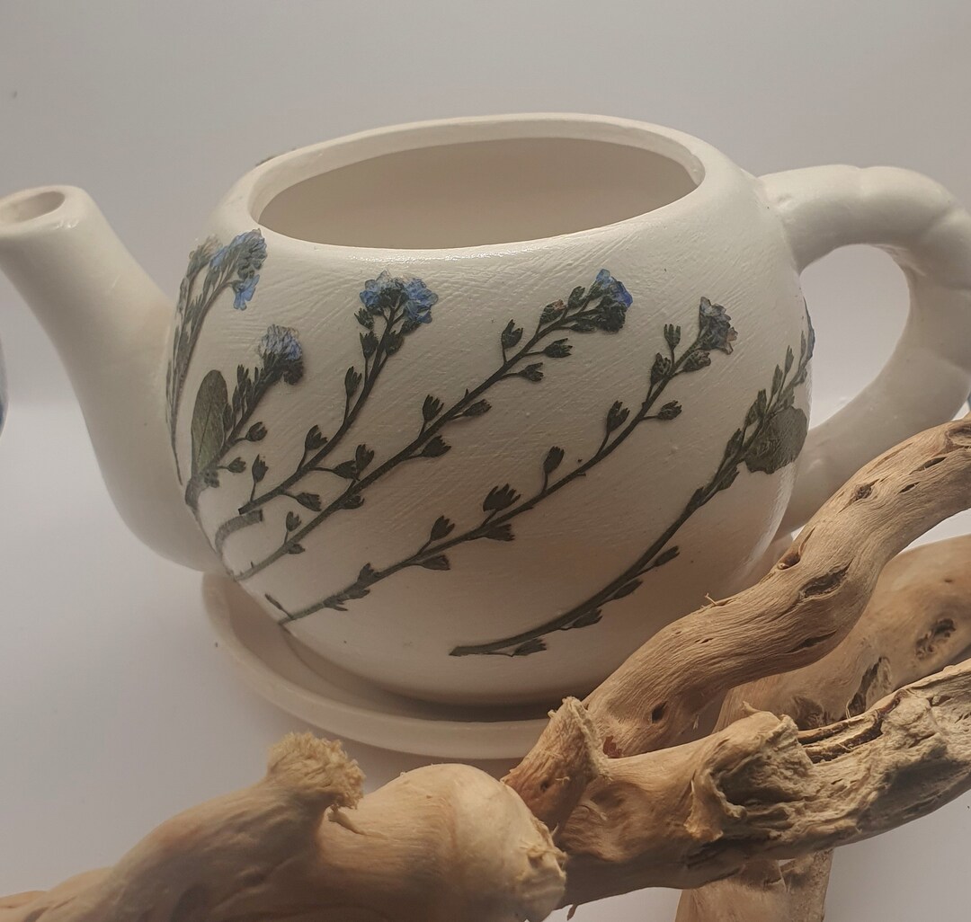 Ceramic Teapot Planter With Decoupage Fresh Pressed Me Not