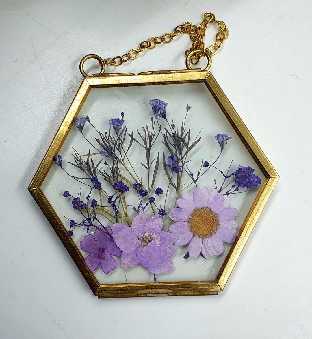 Wall Art Dried Pressed Real Flowers in Glass Frame Hexagon Shaped 4
