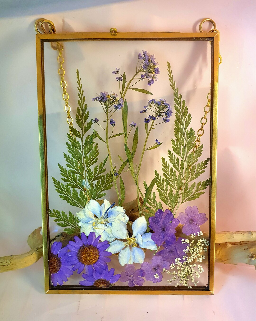 Wall Art Dried Pressed Real Flowers in Glass Frame 4x6 Inches, Hanging