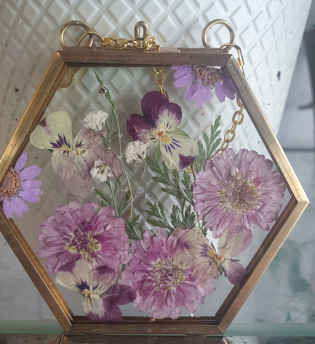Wall Art Dried Pressed Real Flowers in Glass Frame Hexagon Shaped 3.5
