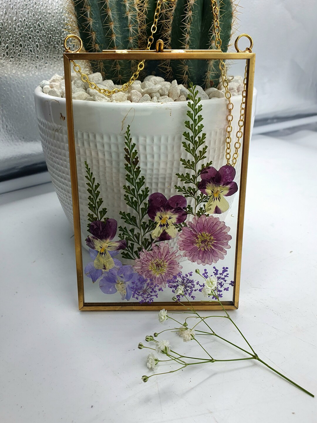 Wall Art Dried Pressed Real Flowers in Glass Frame 4x6 Inches, Hanging