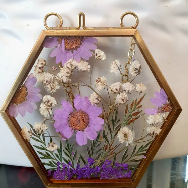 Wall Art Dried Pressed Real Flowers in Glass frame hexagon shaped 4 inches across, hanging wall art, double sided glass, home decor, gift.