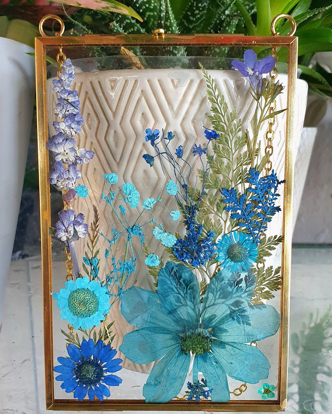 Wall Art Dried Pressed Real Flowers in Glass Frame 4x6 Inches, Hanging