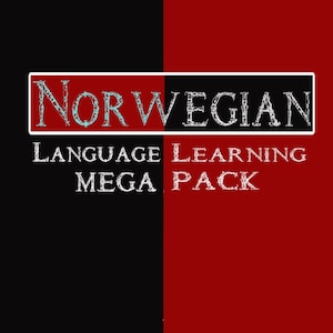 Puede incluir: Un gráfico rojo y negro con el texto "NORWEGIAN LANGUAGE LEARNING MEGA PACK" en blanco.